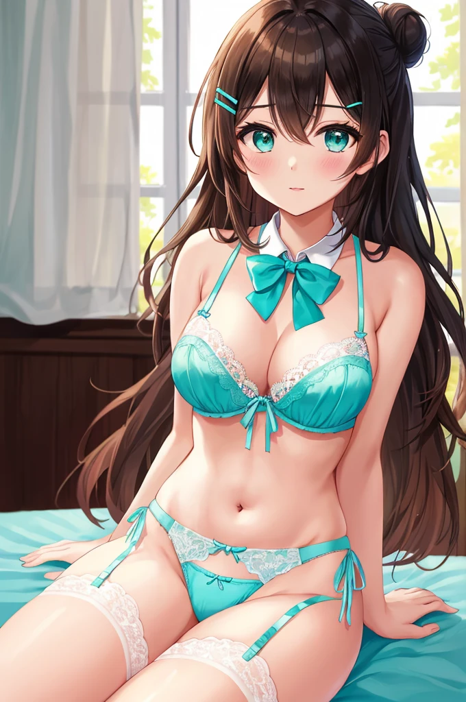 A beautiful girl in turquoise lingerie sitting at a table anime girl, fine lingerie with lace, turquoise lingerie, (side-tie panties, panties with a plain turquoise center and white lace decoration on the sides:1.3), (Thin panties:1.3), (turquoise micro lace satin bra, turquoise bra with white lace trim around the edges, Thin bra:1.3), (knee-high lace garter belt:1.3), in one's underwear only, staring at me shyly, (Bow tie around neck:1.3), big rounds breasts, dark brown hair, swept bangs, long hair, wavy hair, shiny hair, hairclip, hair bun, aqua eyes, (gradient eyes:1.3), glowing eyes, pupils sparkling, blush, bright pupils, glossy lips, cute face, slim waist, shapely legs, beautiful thighs, whole body, anime CG style, high definition, natural light, high detail, anime, dithering, image fill, perspective, Wide-Angle, f/1.8, 85mm, Sony FE GM, 8k, 8k wallpaper, super detail, highly detailed CG, UHD, retina, masterpiece, accurate, anatomically correct, textured skin, highres, best quality:1.3, 16k