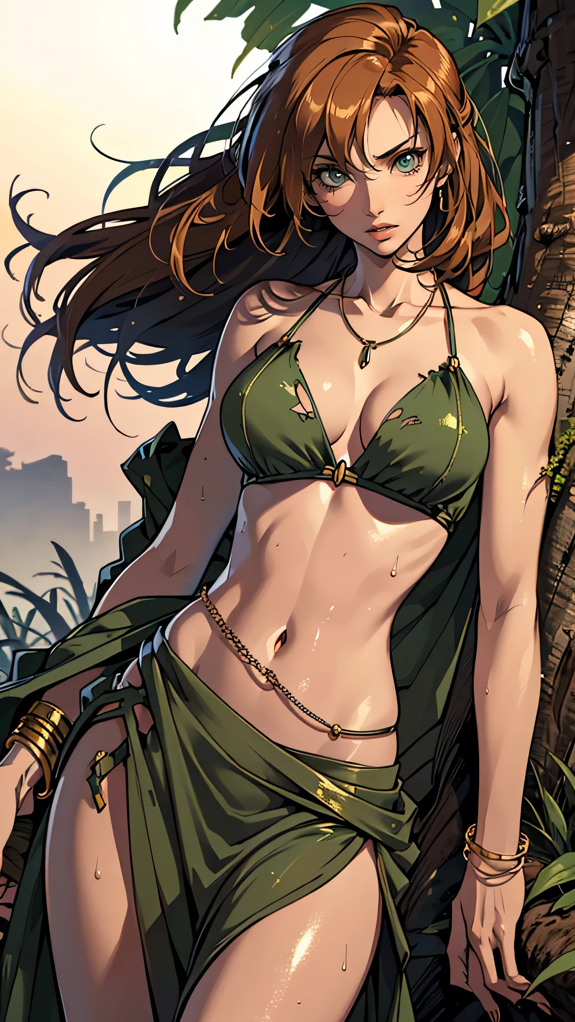 (lifelike, high - resolution:1.3), 1 girl with a perfect body,slender body, Super fine face and eyes,assasin, dark makeup, shiny skin, light brown hair, (toned stomach),Expose cleavage, (bracelets, tooth jewelry, a lot of necklaces, very long necklaces, necklaces down to stomach, body chains, waist chains), (post apocalyptic future, jungle wasteland. torn clothes, torn to shreds dress), (wet skin, shiny skin), large breasts