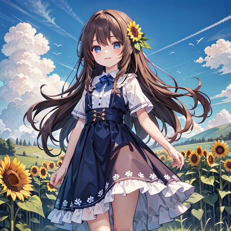 Masterpiece, Best quality, High quality, Portait, 1girl, Solo, has Brown long hair, Wavy hair, has Blue eyes, wears a Blue dress, happy expression, standing, in the grass field, Sunflowers in the background, Sunny day, Clouds on the sky