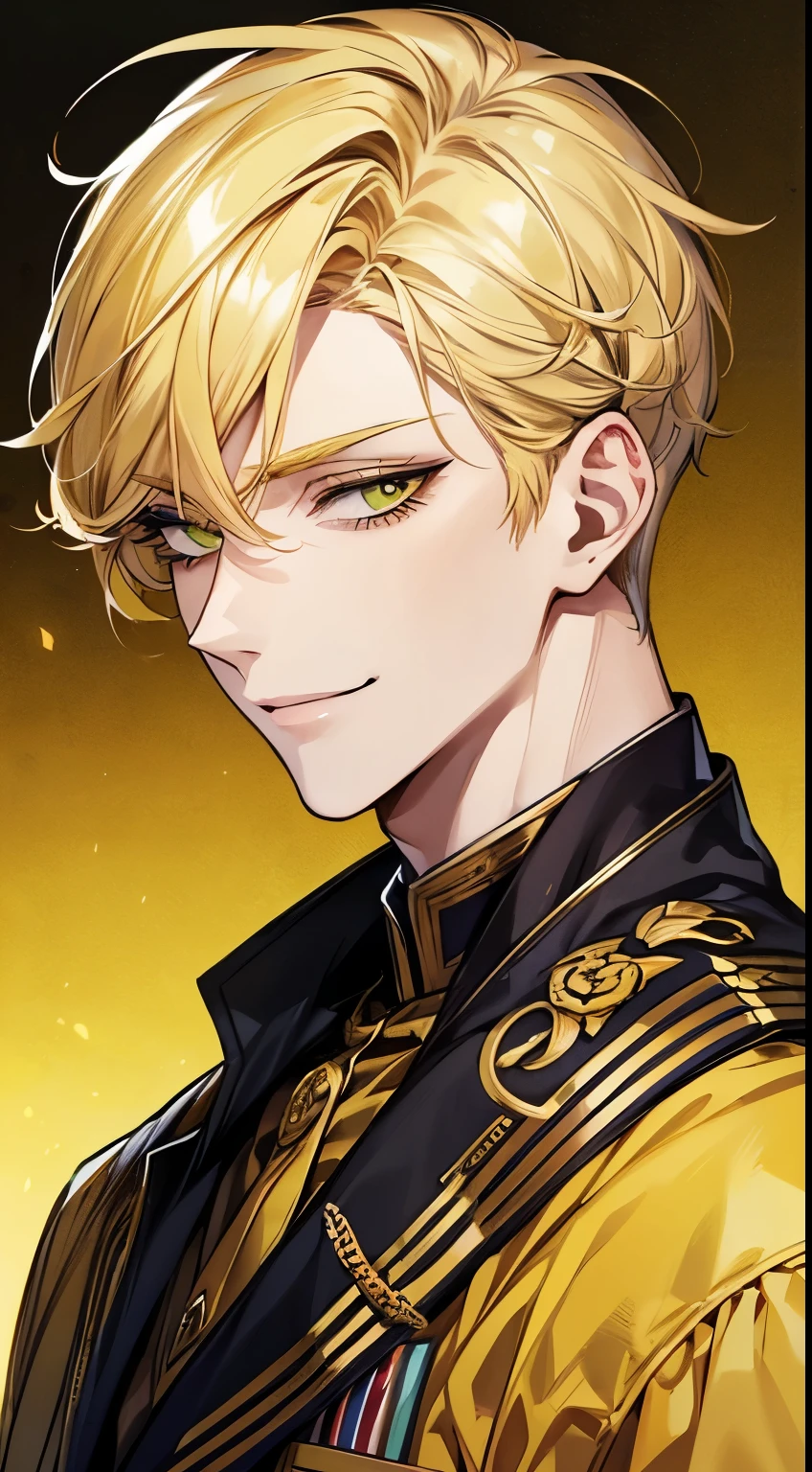 man 1、yellow shorthair, long yellow eyelashes、Handsome man with yellow eyebrows and yellow expressive eyes, smiling, green eyes、detailed background、military uniform