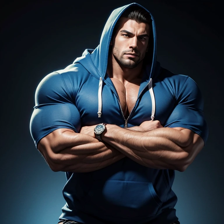 a very handsome, massively muscular man with massively large muscles, with massively large, muscular and defined body, wearing a blue hoodie, on a black background