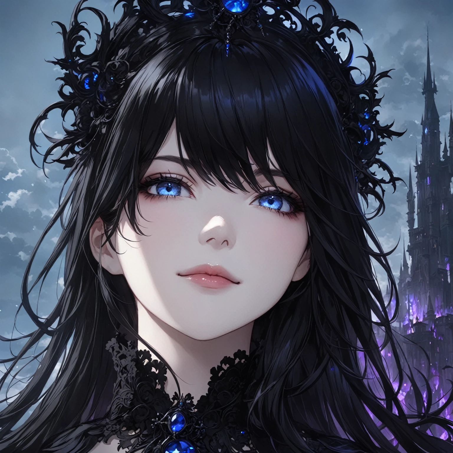masterpiece, best quality, good quality, fantasy Aesthetic, Highly detailed, shadowverse style, female, long hair, dark black hair, gothic, sorcerer, blue eyes, closed mouth, smile