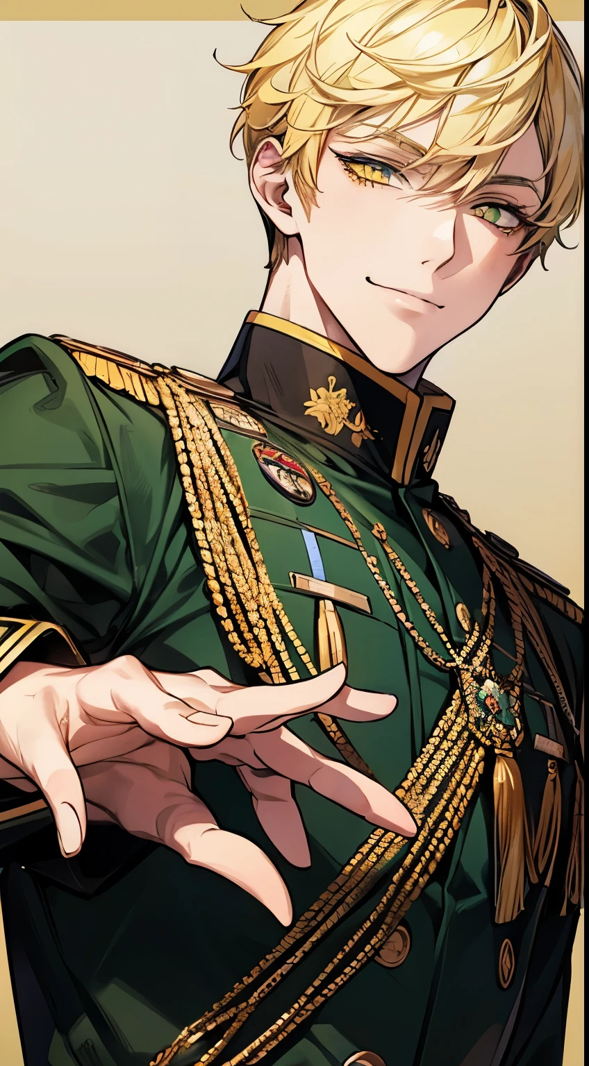 man 1、yellow shorthair, long yellow eyelashes、Handsome man with yellow eyebrows and yellow expressive eyes, smiling, green eyes、detailed background、military uniform