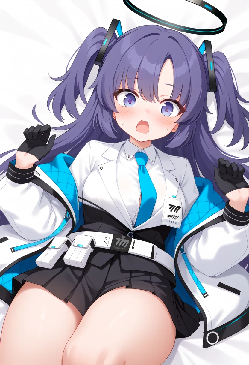score_9, 1girl, solo, yuuka \(blue archive\), blue archive, halo, purple eyes, purple hair, long hair, two side up, thick thighs, medium breasts, yuuka-default, necktie, blue necktie, shirt, white shirt, collared shirt, jacket, long sleeves, half gloves, belt, white belt, skirt, black skirt, pleated skirt, miniskirt, bare legs, lying, on back, looking at viewer, blush, surprised, :o, open mouth, bed sheet, on bed 