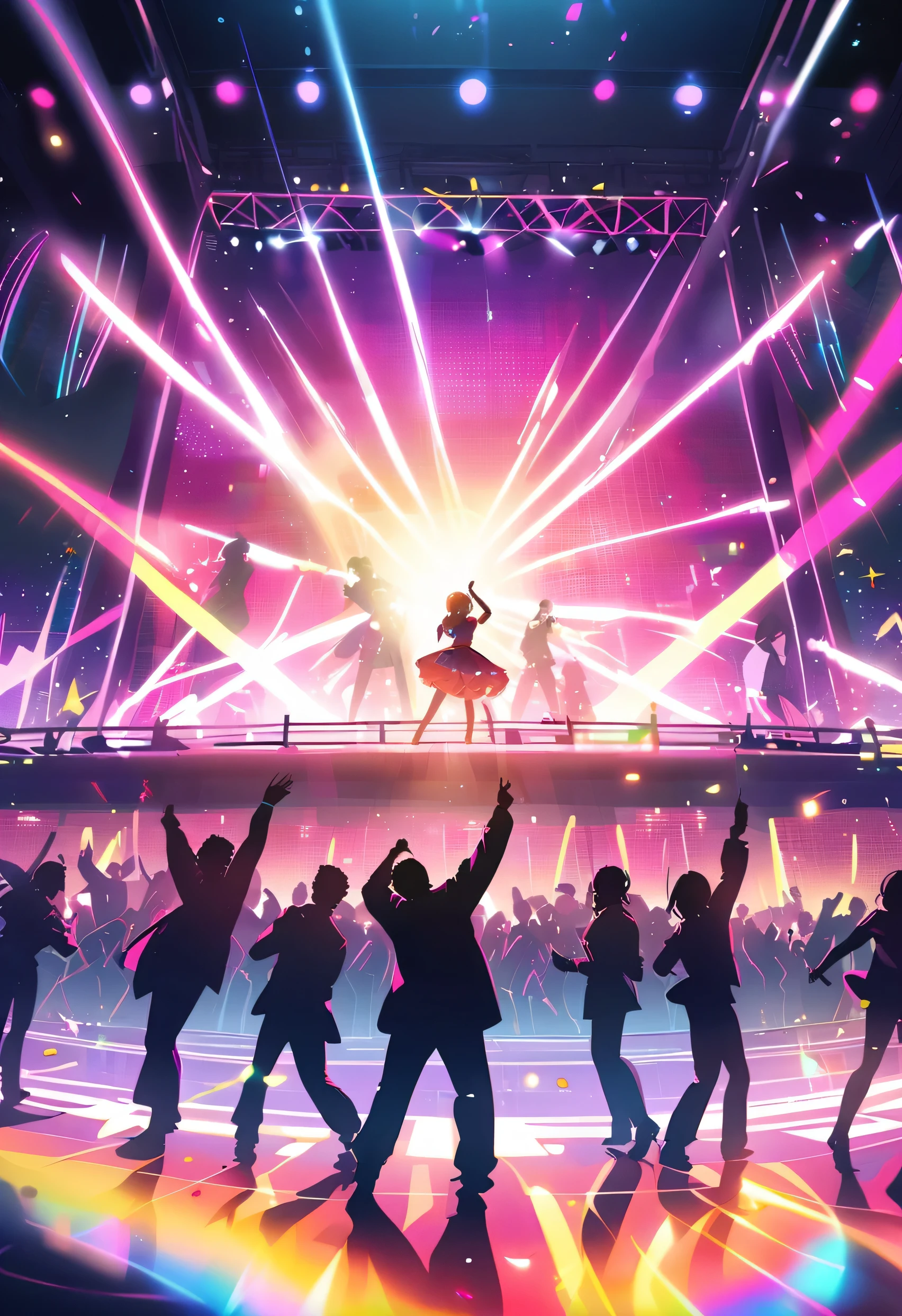 Illuminated 80's style ballroom with lots of people dancing and a stage in the background with a singer at the microphone being overshadowed by a ray of colored light from the stage to the hall.