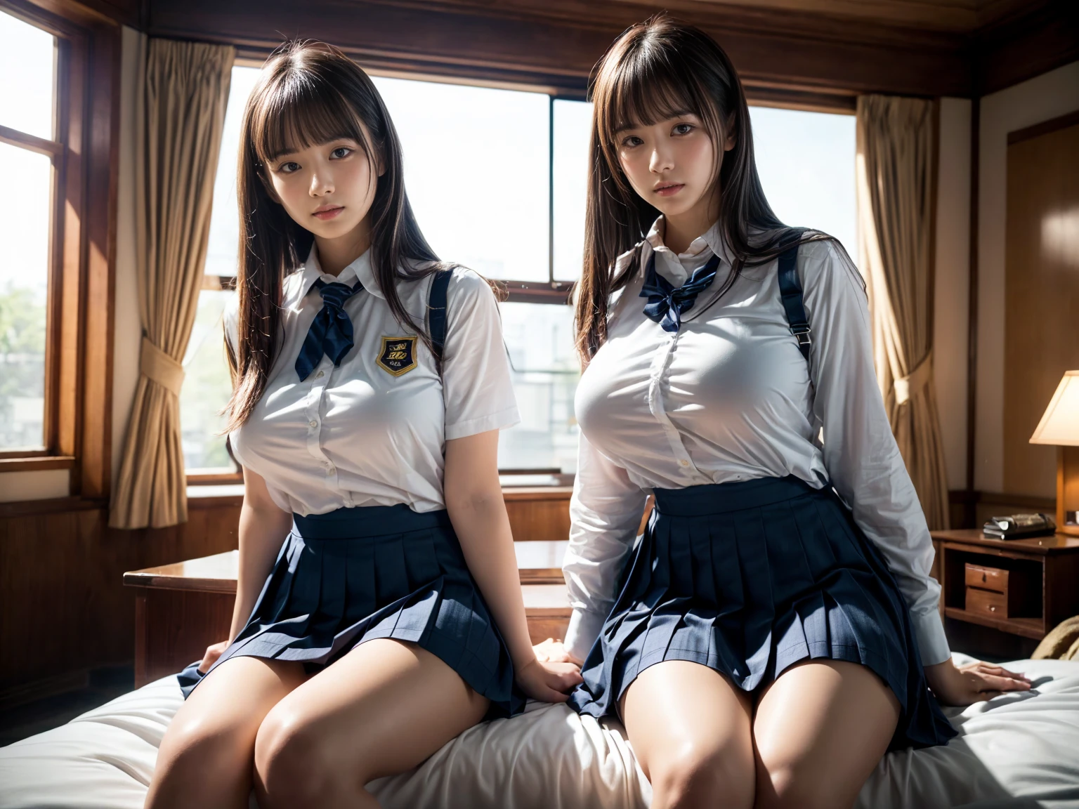 (RAW photo, 4k, masterpiece, high resolution, extremely complex) (realistic: 1.4), cinematic lighting
((2 girls, 2 schoolgirls)),Slam Dunk's,blushing,((innocent)),bright eyes,round eyes,blunt bangs,(straight hair:1.3),black hair,large breasts,wide hips,Summer Noon, ,Hot, (Best Quality), (Highres), (an Extremely Delicate and Beautiful),(Beautiful 8k face),(Brown eyes),short bob hair,( spectators),(gigantic breasts),(Play with each other,Touching each other's bodies,Touching the body),(Japanese high school uniform:1.3),blue skirt,(reality),bright lighting,(The background is a luxury hotel room)