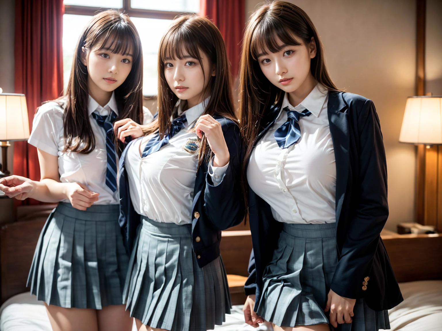 (RAW photo, 4k, masterpiece, high resolution, extremely complex) (realistic: 1.4), cinematic lighting
((2 girls, 2 schoolgirls)),Slam Dunk's,blushing,((innocent)),bright eyes,round eyes,blunt bangs,(straight hair:1.3),black hair,large breasts,wide hips,Summer Noon, ,Hot, (Best Quality), (Highres), (an Extremely Delicate and Beautiful),(Beautiful 8k face),(Brown eyes),short bob hair,( spectators),(gigantic breasts),(Play with each other,Touching each other's bodies,Touching the body),(Japanese high school uniform:1.3),blue skirt,(reality),bright lighting,(The background is a luxury hotel room)