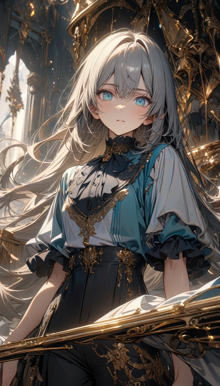 young boy, long birge hair, turquoise eyes, blue Victorian shirt, white long coat, short sleeves, long black glowes, black trousers, golden elements, Masterpiece, best quality, Full HD, 8k, ultra details, great graphic