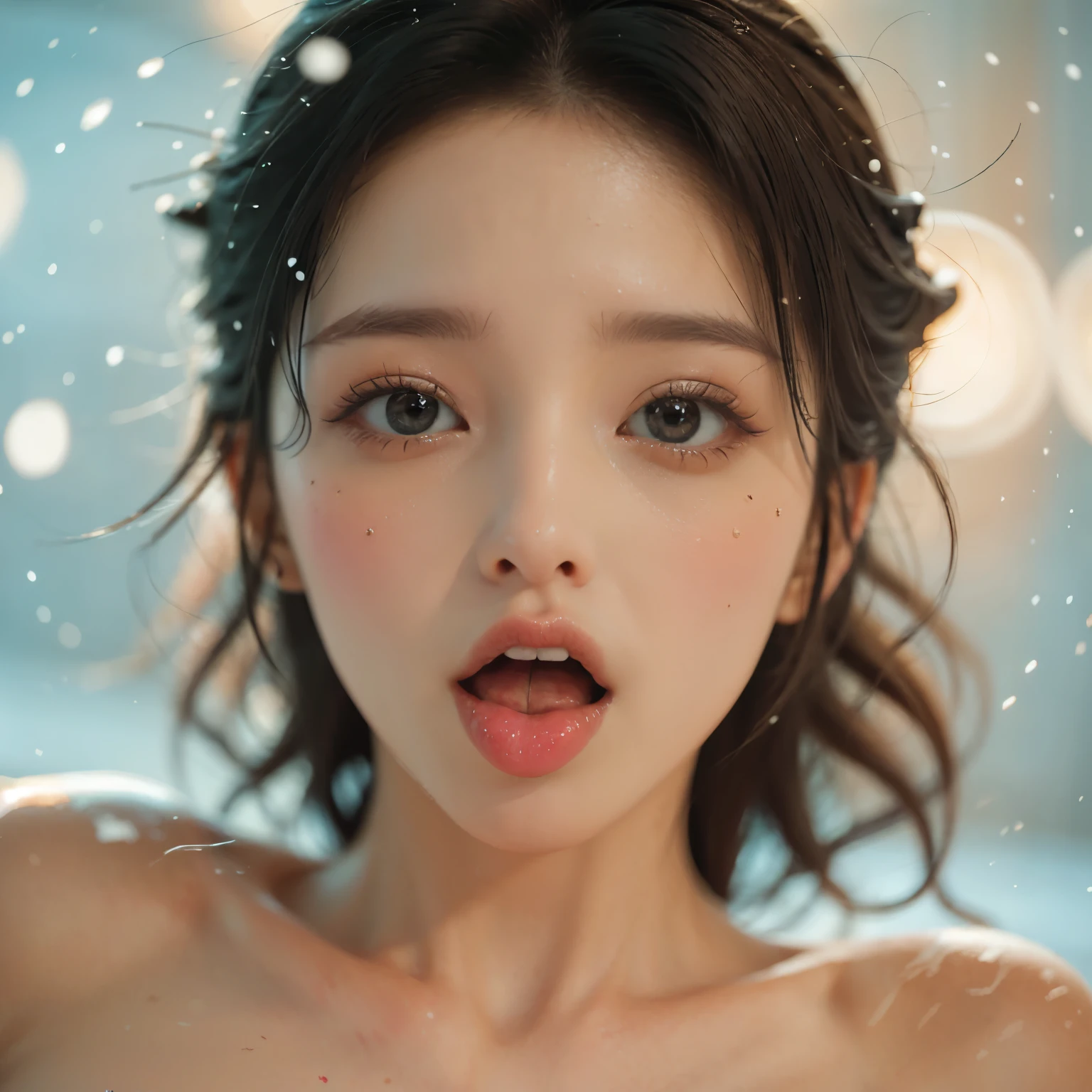 ExtremelyDetailed Kawaii girl Face,(Close-up Sweet lips), glossy lips with beautiful details, Coquettish tongue, Kissing to camera, towards the viewer, 8K TopQuality masterpiece,an extremely delicate and beautiful (ProfessionalPhoto:1.37), {Amazing|finely detail|official art|incredibly absurdres},ultra-detailed close-up shot, close up, (fish eye lens), wide lens, macro lens, Detailed reflective Eyes ElaboratePupils with (sparkling highlights:1.28) (Delicate Voluminous LongEyelashes:0.88), {(Tilted face:1.22)|Visible back of throat|saliva drips|naked shoulder}, (Dripping juice on tongue:1.23) snow particles