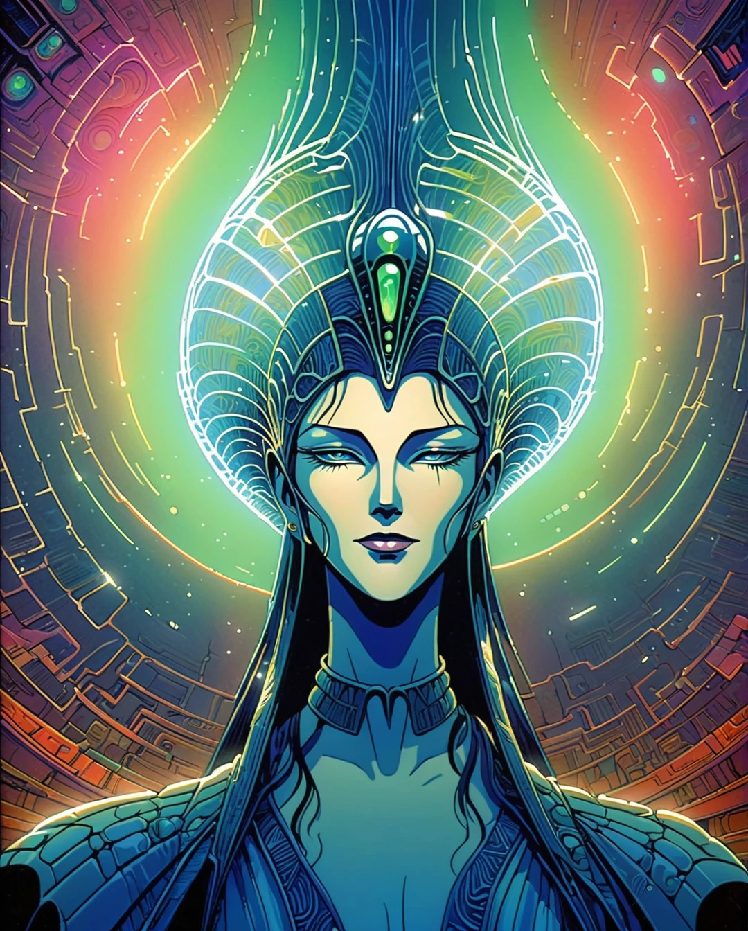Moebius (Jean Giraud) Style - A mesmerizing illustration by Jean Giraud Moebius, ((masterpiece)), ((best quality)), (highest quality masterpiece), (masterpiece), (masterpiece, best quality), in a futuristic theme. A fantastical portrayal of an alien queen with ornate headdress and elaborate body markings, digital art, featuring iridescent hues, an exquisitely detailed face, and a glowing crystal cave in the background. Sleek, modern, ultramodern, high-tech elements with bioluminescent accents. PsyAI, Psychedelic, Visionary art, DMT, and LSD style by Moebius.
