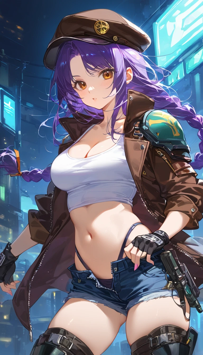 1girl, shadowrun, solo, , parted bangs, messy hair, black purple hair, (very long single braid), brown eyes, large breasts, navel, casquette hat, shoulder armor, open jacket, (roll up sleeves), tank top, upper cleavage, fingerless gloves, denim highleg shorts, unzipped shorts, exphosed groin, thighhighs, leg armor, combat boots, cyberpunk, masterpiece, best quality, score_9, score_8_up, score_7_up, ultra-detailed, Best-A, Medium-B, Low-C, Bad-D, rating_safe, enhancer
