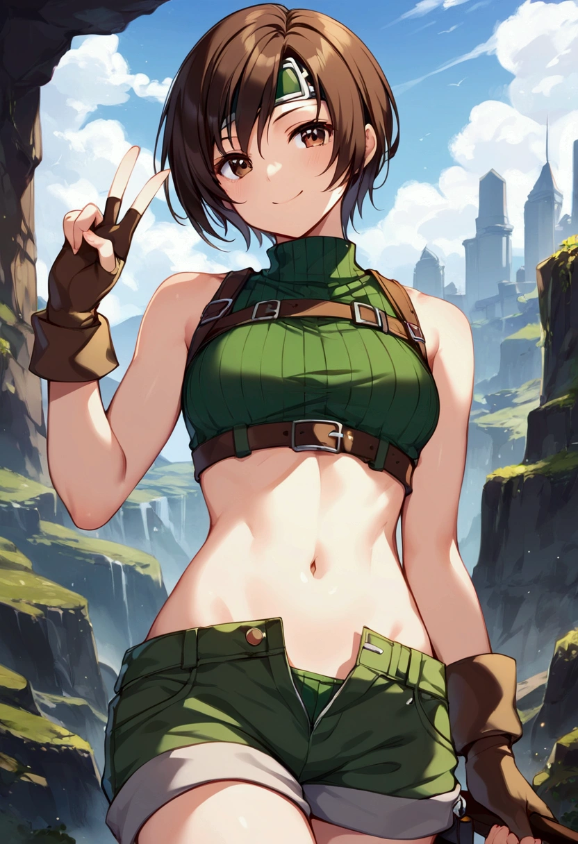 score_9, score_8_up, score_7_up,BREAK best quality,high quality,masterpiece,aesthetic,very aesthetic,soro,,1girl,yuffie kisaragi,, final fantasy,short hair,headband,navel,sleeveless,turtleneck
brown eyes,
sleeveless turtleneck,gloves,crop top,brown hair,shorts,midriff,sweater,open fly,fingerless gloves,ribbed sweater,looking at viewer,smile,v,
