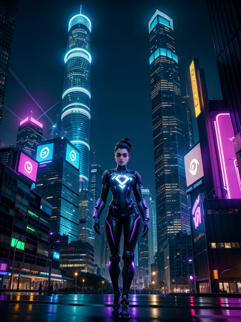 Desenhe sombra Overwatch cgi em um ambiente urbano cibernético futurista, filled with skyscrapers illuminated by holograms and neon lights. She&#39;s in a stealthy position, half crouched on a building&#39;s marquee, with his cunning eyes focused on a holographic control panel in front of him. ombre, a dark-skinned woman with short purple hair, shaved on one side, is dressed in a purple and black leather outfit, with neon details that glow softly. Your gloves are equipped with electronic devices, and one of them is being used to hack the building&#39;s security system. Ao fundo, drones fly through the night sky, and the city is alive with the movement of autonomous vehicles on the streets below. The atmosphere is tense, with a touch of imminent danger, destacando a habilidade de ombre como uma infiltradora e hacker de elite.