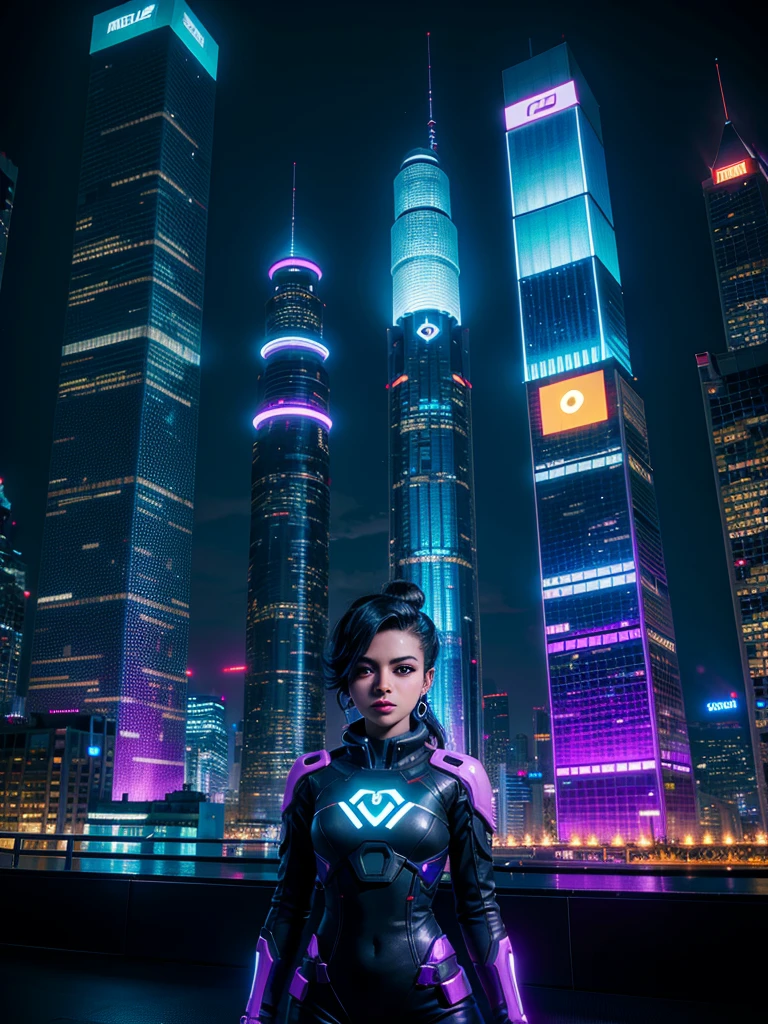 Desenhe sombra Overwatch cgi em um ambiente urbano cibernético futurista, filled with skyscrapers illuminated by holograms and neon lights. She&#39;s in a stealthy position, half crouched on a building&#39;s marquee, with his cunning eyes focused on a holographic control panel in front of him. ombre, a dark-skinned woman with short purple hair, shaved on one side, is dressed in a purple and black leather outfit, with neon details that glow softly. Your gloves are equipped with electronic devices, and one of them is being used to hack the building&#39;s security system. Ao fundo, drones fly through the night sky, and the city is alive with the movement of autonomous vehicles on the streets below. The atmosphere is tense, with a touch of imminent danger, destacando a habilidade de ombre como uma infiltradora e hacker de elite.