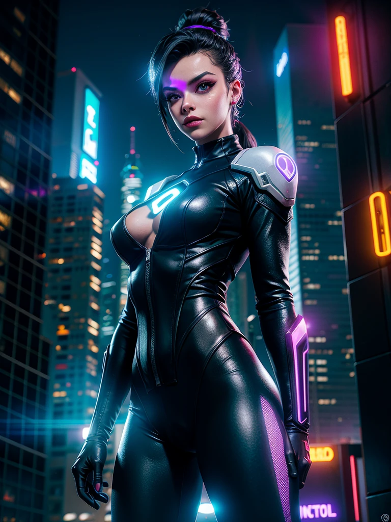 Desenhe sombra Overwatch cgi em um ambiente urbano cibernético futurista, filled with skyscrapers illuminated by holograms and neon lights. She&#39;s in a stealthy position, half crouched on a building&#39;s marquee, with his cunning eyes focused on a holographic control panel in front of him. ombre, a dark-skinned woman with short purple hair, shaved on one side, is dressed in a purple and black leather outfit, with neon details that glow softly. Your gloves are equipped with electronic devices, and one of them is being used to hack the building&#39;s security system. Ao fundo, drones fly through the night sky, and the city is alive with the movement of autonomous vehicles on the streets below. The atmosphere is tense, with a touch of imminent danger, destacando a habilidade de ombre como uma infiltradora e hacker de elite.