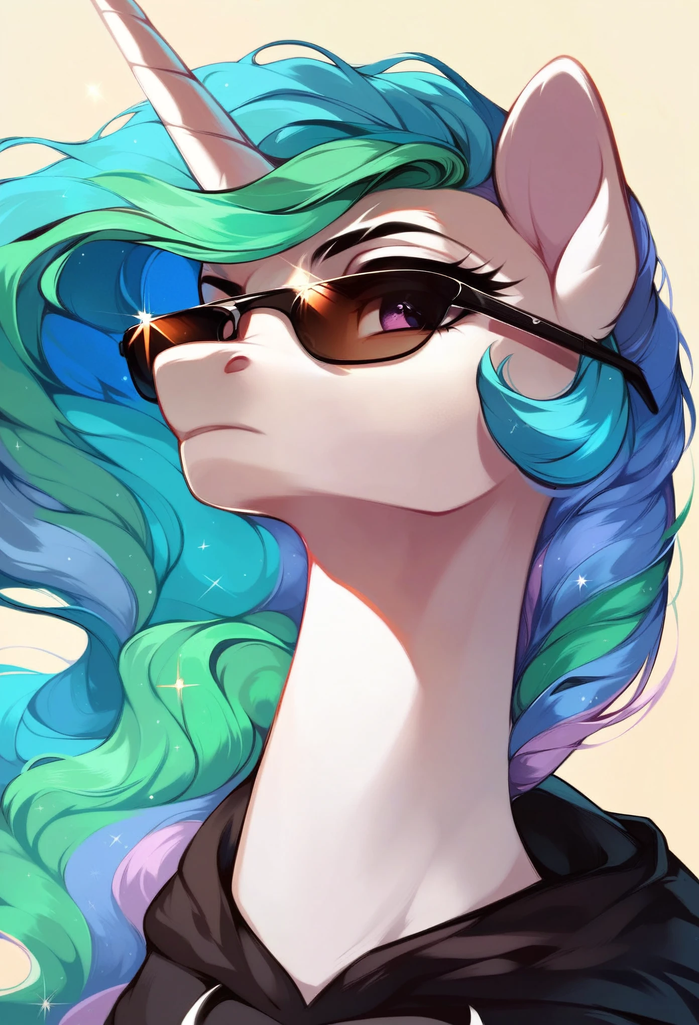 score_9, score_8_superior, score_7_superior, score_6_superior, Serious female alicorn unicorn, Princess Celestia from my little pony, With a black hoodie、He is depicted wearing sunglasses with tinted lenses that glow in the sunlight.。. Celestia&#39;s mane flows in waves of pastel colors., Shades of blue, green, Pink mix. She is looking at something outside the frame with a displeased look on her face.. The setting is an urban environment with many skyscrapers, There is snow on the ground, And on a sunny winter day. In her magical aura, There is a smartphone with a snowflake logo on the back..