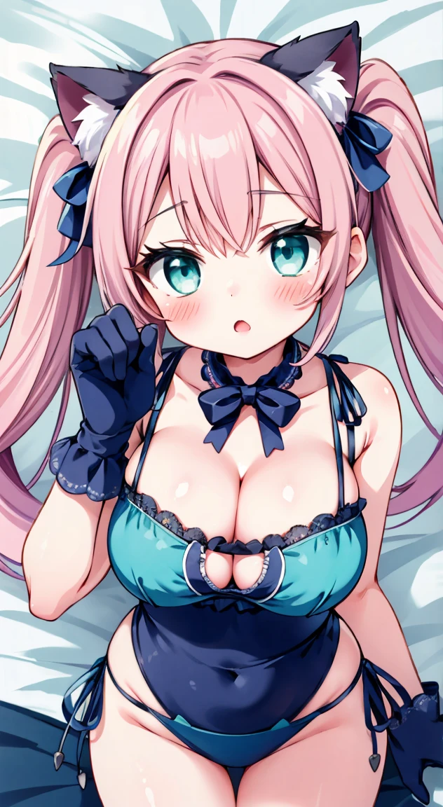 Light green,Aqua Color,Side tie panties,The ribbon is lovely, Ribbon Panties,Cats are good, Lace panties,Pink Hair,Twin tails,blush, full-face blush,masterpiece, Highest quality, (anime screencap:1.3),(shape), cute,(Simple:1), (anime:1.2),Solo Sharp Focus, 1 girl,Leaning forward, Cleavage,looking at viewer,upper body, looking ahead, from above,(Hand Paw Gloves),room,bed,(( Aqua Color,cat lingerie1.1)),Big Breasts,Beautiful breasts,Beautiful Hips,Accentuate your breasts,((pastel colour,cat lingerie))Twin tailsヘア,Sky Color,Puffy eyes,cute eyes,,(Cat ears 1.1),