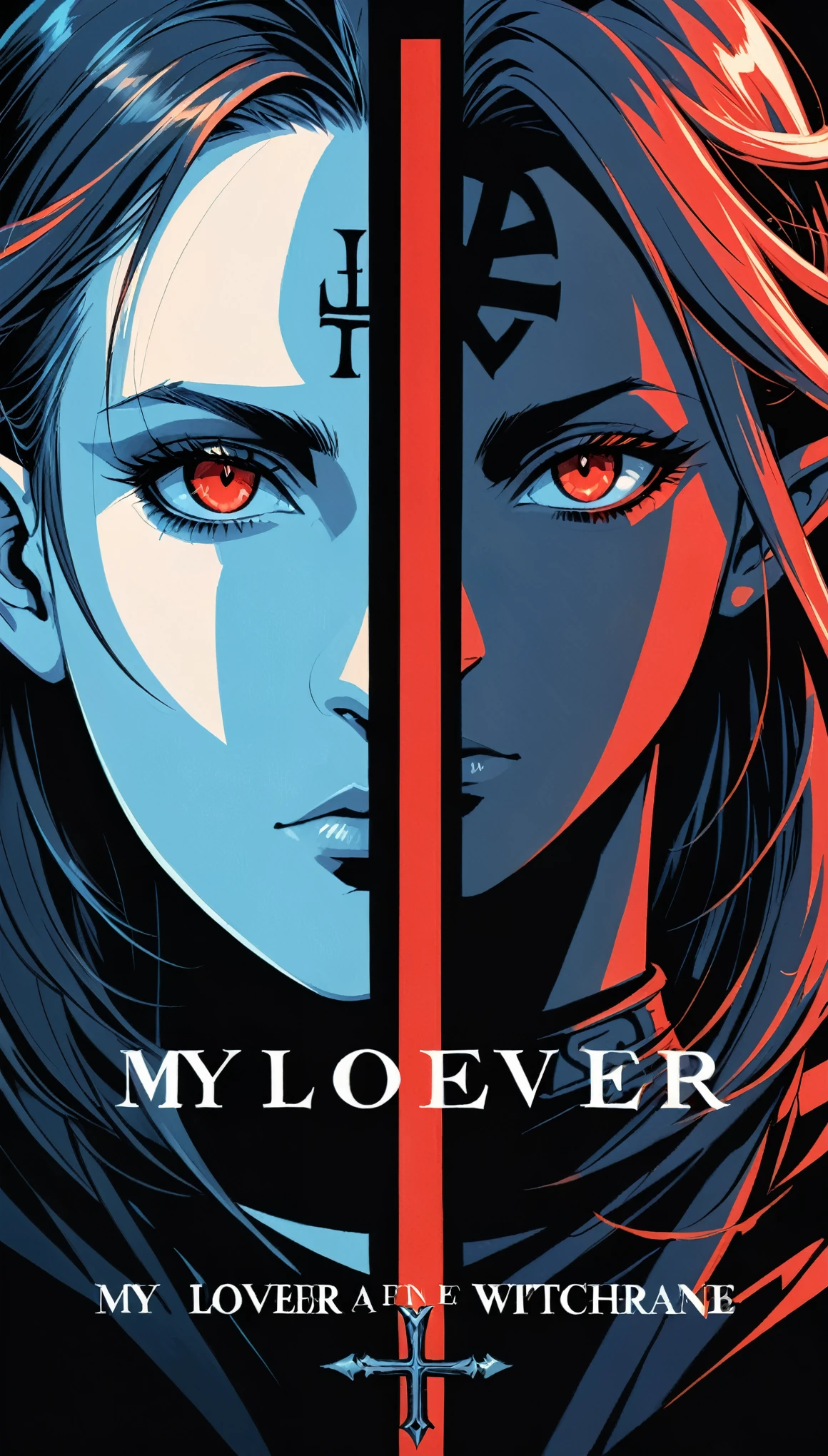 in style of Alex Hirsch, in style of Hans Hartung,in style of Harry Kane (cowboy shot:1.1),Face to face left half (elf girl Witch) and right half (dark elf boy Warrior) with the text:"MY LOVER" Form a cross with capital letters, 2 sides of theimage, mirrored realms, intensity, captivating gaze