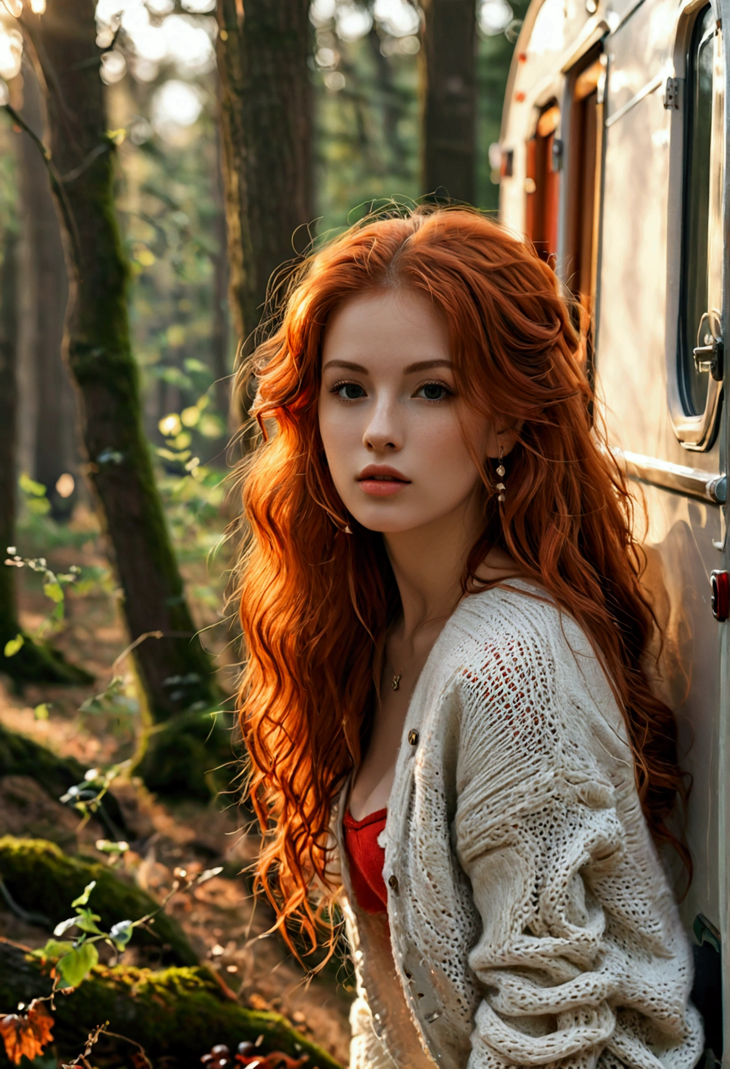 (full body shot:1.1) photorealistic image of a (leaning pose:1.1) woman, ultra realistic, photography, long red hair, girl, 24 years old, hourglass figure, perfect body, Flirty look, natural medium breasts, blur background, posing with a belly-free sweater, leaning on a caravan parked in the woods, she wears sneakers