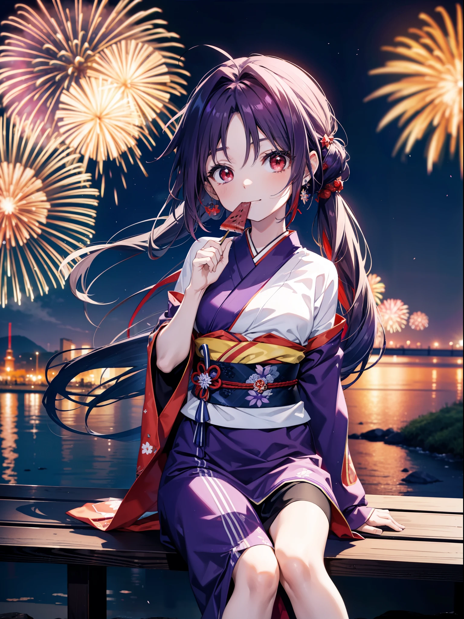 yuukikonno, Yuuki Konno, hair band, Long Hair, Pointed Ears, Purple Hair, Ahoge,(Red eyes:1.5), (Small breasts:1.2),low twin tail,smile,Open your mouth,Purple Kimono,Purple long skirt,Fireworks in the night sky,Fireworks,The place is a fireworks display,Time is night,sunny day,Sitting on a bench,He is eating a triangular piece of red watermelon, holding it in both hands.,Wind Chimes,whole bodyがイラストに入るよう,
break looking at viewer, , whole body, (Cowboy Shot:1. 5)
break indoors, Veranda,Japanese garden,
break (masterpiece:1.2), Highest quality, High resolution, unity 8k wallpaper, (figure:0.8), (Beautiful attention to detail:1.6), Highly detailed face, Perfect lighting, Highly detailed CG, (Perfect hands, Perfect Anatomy),