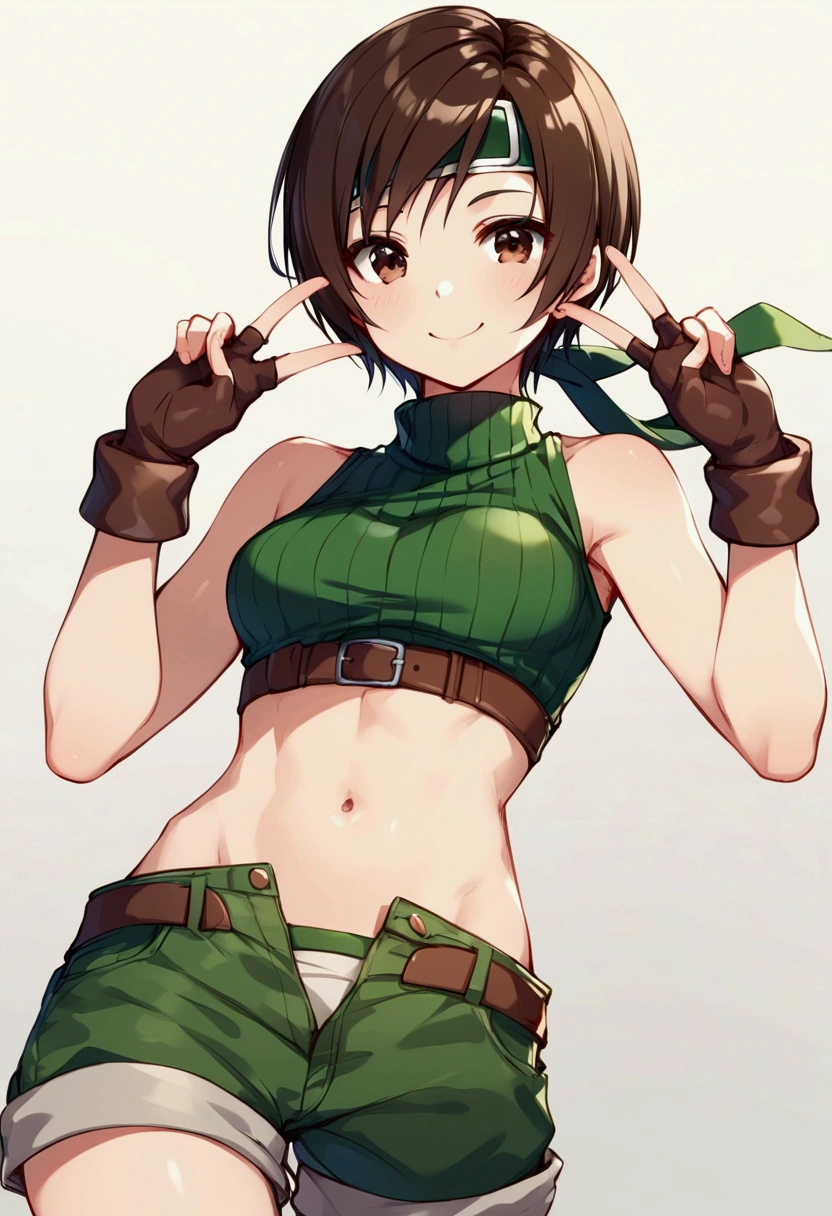 score_9, score_8_up, score_7_up,BREAK best quality,high quality,masterpiece,aesthetic,very aesthetic,soro,,1girl,yuffie kisaragi,, final fantasy,short hair,headband,navel,sleeveless,turtleneck
brown eyes,
sleeveless turtleneck,gloves,crop top,brown hair,shorts,midriff,sweater,open fly,fingerless gloves,ribbed sweater,looking at viewer,smile,joy,v,