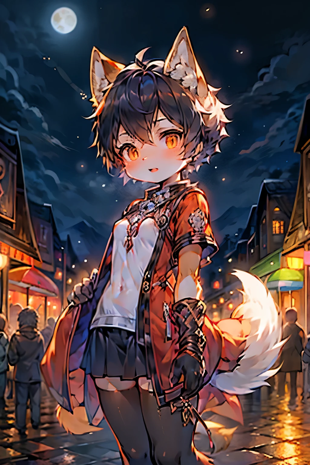Fox Girl，Furry girls，Characteristics of female infants and young children，Black hair，Orange Skin，Black Arm，Magic suit，Short skirt，Medieval town background