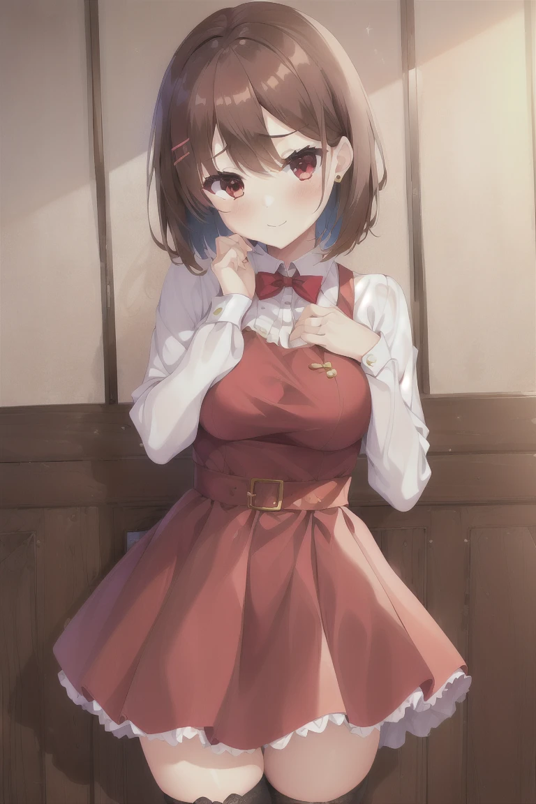 1girl,high_resolution,indoors,hand_up,bangs,(red_dress:1.3),bob_hair,brown_hair,独奏,blush,breasts,eyebrows_ass visible_through_hair,short_hair,smile,red_eyes,looking_at_viewer,thighhighs,medium_hair,thighs,hair_ornament,hairclip,medium_breasts,shoes,zettai_ryouiki,expensive_solve, clear_image, expensive_Contrast, 8k, Sparkling, beautiful_detailed_face_and_eye, (Brown Hair:1.25), 白 eye,