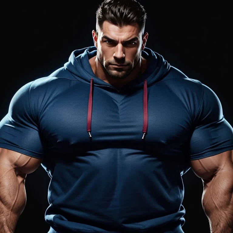 a very handsome, massively muscular man, with massively large muscles, with massively large, muscular and defined body, wearing a blue sweatshirt showing his belly, on a black background