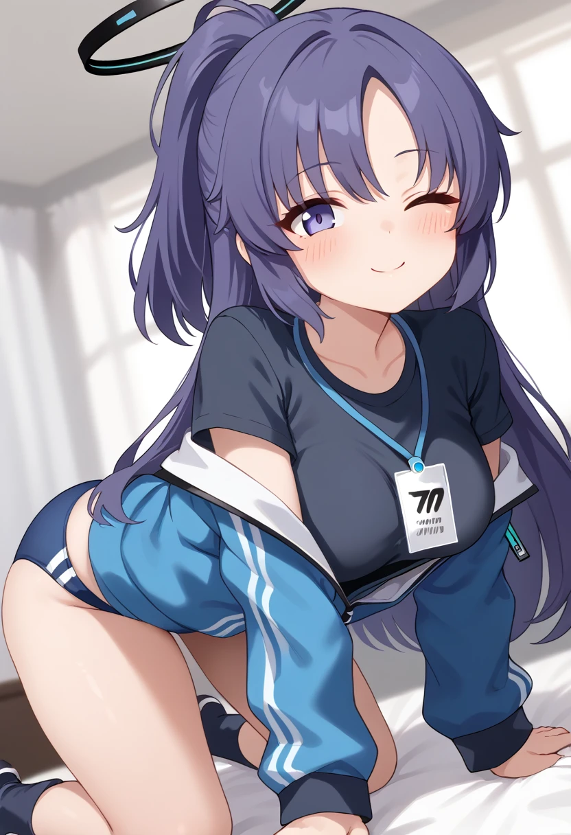 score_9, 1girl, solo, yuuka \(blue archive\), blue archive, yuuka \(track\) \(blue archive\), halo, purple eyes, purple hair, long hair, ponytail, thick thighs, medium breasts, yuuka-gym, id card, blue jacket, track jacket, black shirt, blue buruma, all fours, breasts, looking at viewer, blush, smile, one eye closed, ;\), closed mouth, bed sheet, on bed, pillow