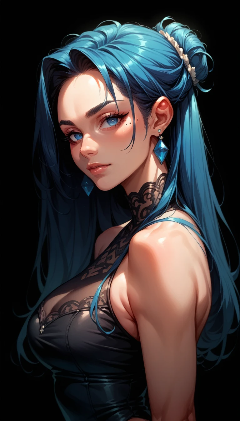 a stylized art of a woman in a pretty dress with blue hair, 1girl, solo, jewelry, earrings, blue eyes, looking at viewer, mole, black background, black hair