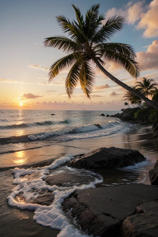 Image of a palm tree on the ocean and sunset