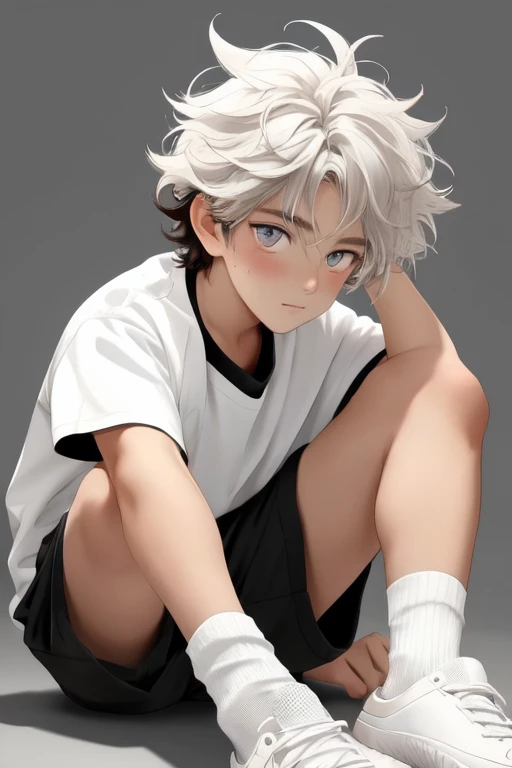 1boy,best quality,messy hair,yoai,beautiful detailed eyes,detailed face,detailed skin,simple background,cinematic highlight,white socks,posing