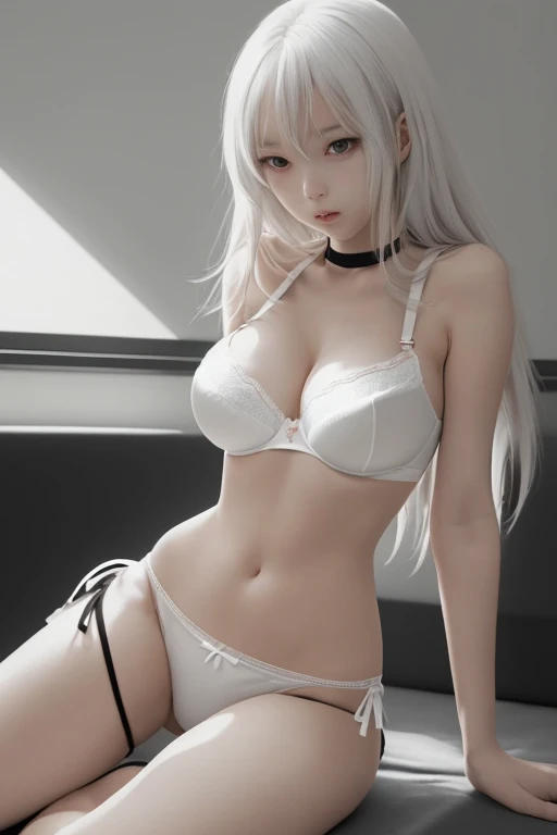 Anime girl, wearing white or black bra and panties, full body picture, hands pulling bra straps downwards (detailed)(women)