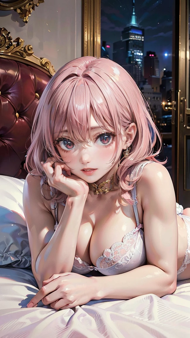 ((Highest quality, 8k, masterpiece :1.3)), (Sharp focus :1.2, Beautiful woman with perfect figure :1.4, Slim Abs), ((Big Breasts, Emphasize cleavage:1.2)), (Photorealistic:1.4), (realistic:1.4), (Pink Hair:1.5), Highly detailed face and skin texture, Fine grain, double eyelid. Makeup face, A little bit of lipstick, sex appeal, Sexy gravure pose, ((A beautiful woman in white lingerie、She shows off her beautiful legs while lying erotically on the bed in the bedroom of her luxury New York apartment.。:1.3))