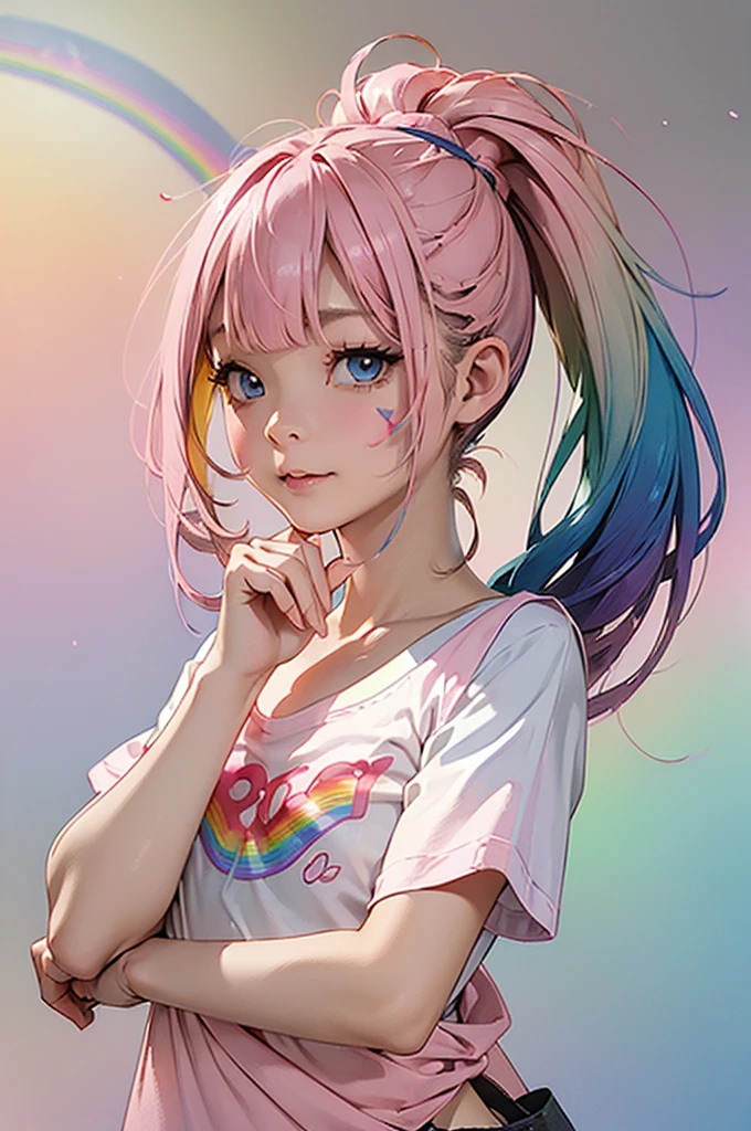 (Pink Fashion T-Shirt:1.9)、(colorfulヘア:1.8)、(All the colors of the rainbow:1.8)、((Portrait:1.6))、(Painting:1.6)、front、comics、Consciousness upward、Painting、Big eyes、transparent、(Rainbow gradient high ponytail:1.7)、Delicate makeup、Mouth closed、(Small Fresh:1.5)、(Bandeau:1.6)、Long eyelashes、White shoulder T-shirt、White shoulder shirt、View your viewers、Watery eye、(Rainbow Hair: 1.6)、カラーsplash、(solo:1.8)、カラーsplash、Color Explosion、カラーsplash、Color Explosion、Thick lacquer style、Messy Lines、(Shine)、(colorful)、(colorful)、(colorful)、colorful、colorful、Thick painting style、(splash)(カラーsplash)、Vertical painting、Upper Body、coatingsplash、Acrylic Pigments、Tilt、coating、Highest quality、Highest quality、Highest quality、masterpiece、One person、Write Boundary Depth、Face Paint、colorfulな服、(Elegance:1.2)、gorgeous、 Gray Hairロング、Wind、(Elegance:1.3)、(petal:1.4)、((((Highest qualityは最高)))、(((Super detailed))、(Consciousness upward)、(Dynamic Angle)、((Float))、(Painting)、((Hair loss))、(One person)、(One personの女の子)、(((Detailed Anima Face)))、((Detailed face))、First time、Exposed bare shoulders、Gray Hair、((Hair Color))、((Striped pattern))、Beautiful details、No cleavage、(Tilt色の目)、(((Colored eyes)))、(((Colored Background)))、(Colored Background)))、((High chroma)))、((Surrounded by colorful splashes of water)))。