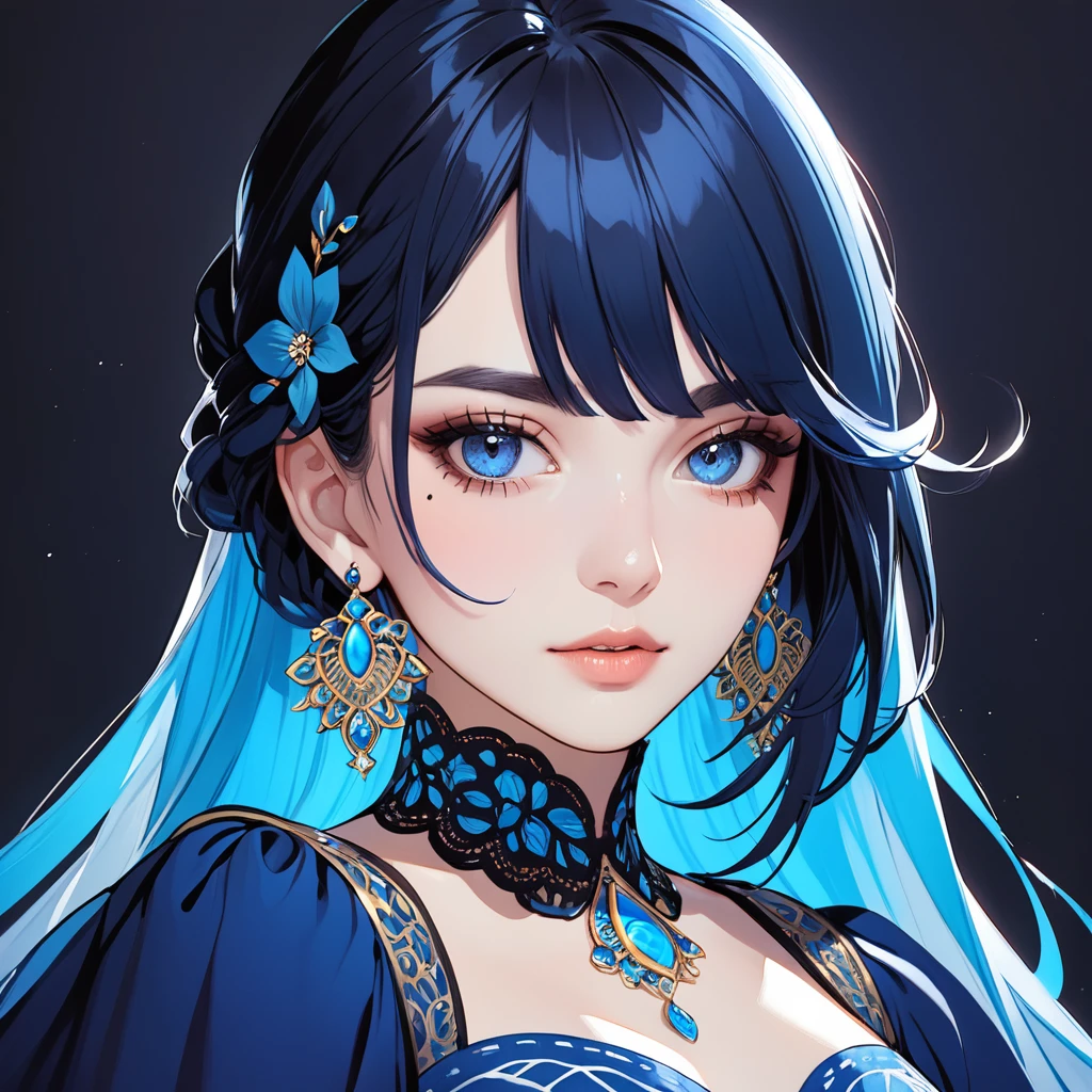 a stylized art of a woman in a pretty dress with blue hair, 1girl, solo, jewelry, earrings, blue eyes, looking at viewer, mole, black background, black hair