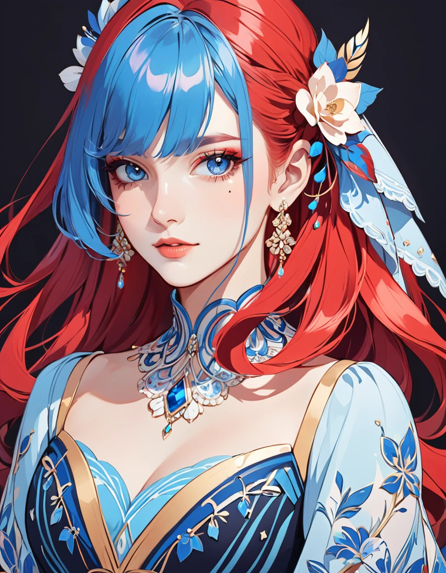 a stylized art of a woman in a pretty dress with blue hair, 1girl, solo, jewelry, earrings, blue eyes, looking at viewer, mole, black background, red hair
