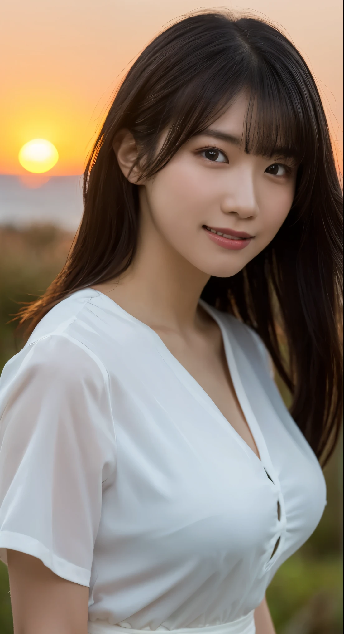 (Highest quality,masterpiece:1.3,Ultra-high resolution),(Very detailed,Caustics,8k),(Realistic:1.4,RAW shooting),Japanese,23 years old,cute,Place your finger on your lips,Are standing,(Big smile),(Looking into the camera),Black Hair Medium Hair,Big Breasts,White blouse,Knee-length skirt,Strong winds,Hair blowing in the wind,coastal,Backlight,sunset,sunset sky,(Bust up shot),(Face Focus:1.1),(Face close-up:1.1),Low position,Low Angle,Natural light,Facing forward