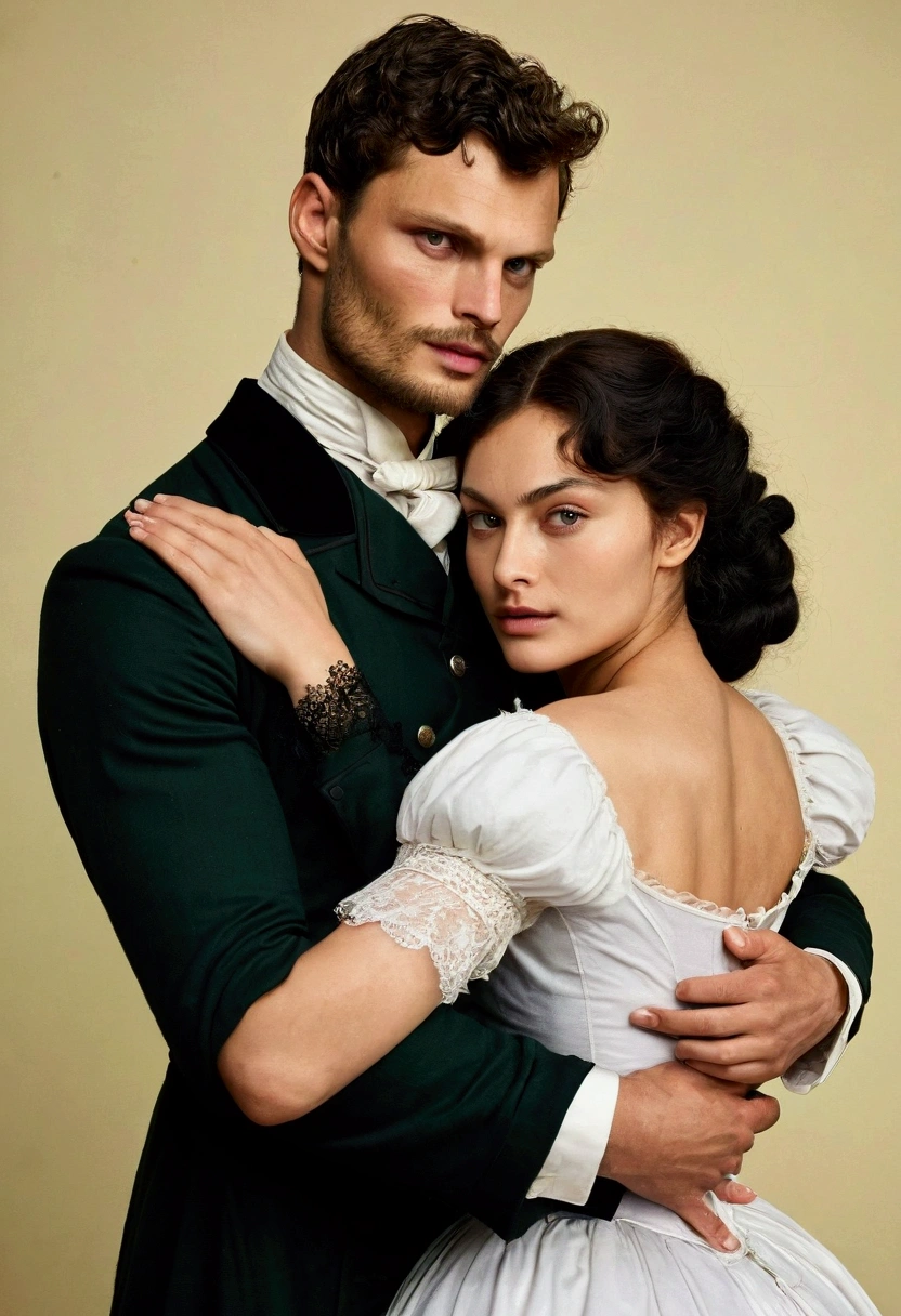 Couple of lovers dressed in Victorian era clothing hugging, the couple of man and woman, she is 23 years old, green eyes, Her skin is tan and long, straight black hair is well combed with large breasts and a small waist with features like Irina Mendez and he is a handsome 30-year-old man with white skin and gray eyes with an athletic body and features like Jamie Dornan..