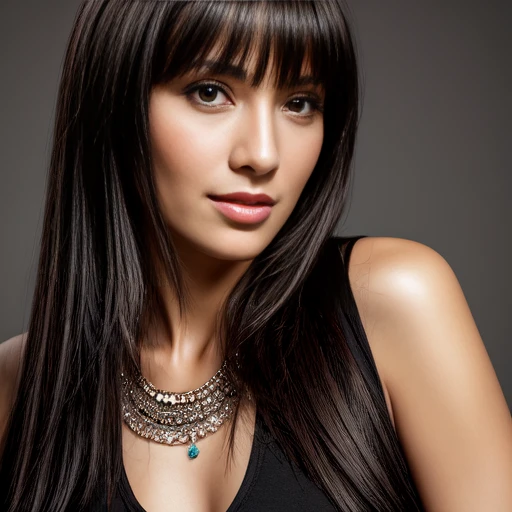 a beautiful young woman, 30 years old, long straight black hair with bangs, looking directly at the viewer, detailed and expressive eyes, shy smile, wearing jewelry including earrings, a necklace, and a bracelet, medium-sized breast, wearing a tight red t-shirt, a blue leather jacket, a mini skirt, and sheer white tights, dynamic angle, best quality, 4k, 8k, highres, masterpiece, ultra-detailed, realistic, photorealistic, photo-realistic, portrait, fashion, studio lighting, warm colors, soft lighting
