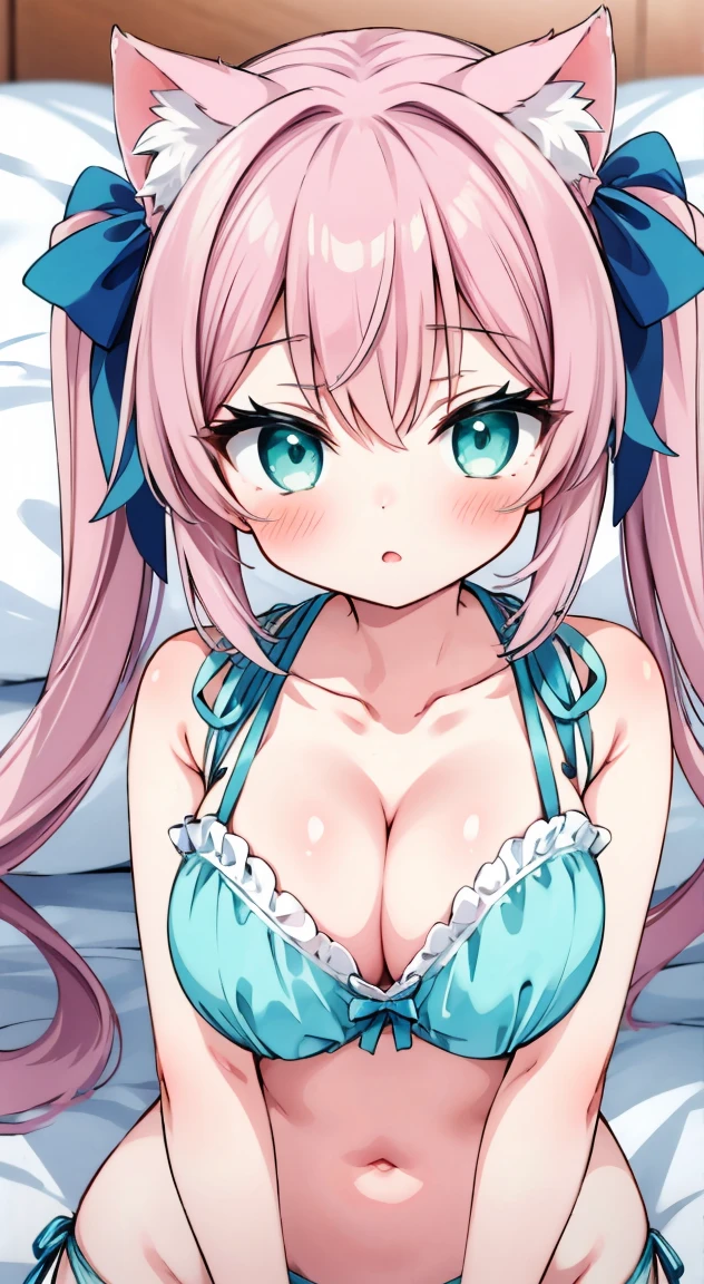 Light green,Aqua Color,Side tie panties,The ribbon is lovely, Ribbon Panties,Cats are good, Pink Hair,Twin tails,blush, full-face blush,masterpiece, Highest quality, (anime screencap:1.3),(shape), cute,(Simple:1), (anime:1.2),Solo Sharp Focus, 1 girl,Leaning forward, Cleavage,looking at viewer,upper body, looking ahead, from above,(Hand Paw Gloves),room,bed,(( Aqua Color,cat lingerie1.1)),Big Breasts,Beautiful breasts,Beautiful Hips,Accentuate your breasts,((pastel colour,cat lingerie))Twin tailsヘア,Sky Color,Puffy eyes,cute eyes,,pappose,(Cat ears 1.1),