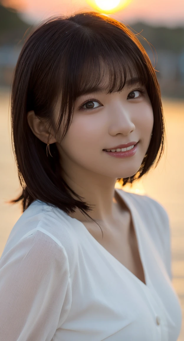 (Highest quality,masterpiece:1.3,Ultra-high resolution),(Very detailed,Caustics,8k),(Realistic:1.4,RAW shooting),Japanese,23 years old,cute,Place your finger on your lips,Are standing,(Big smile),(Looking into the camera),Black Hair Medium Hair,Big Breasts,White blouse,Knee-length skirt,Strong winds,Hair blowing in the wind,coastal,Backlight,sunset,sunset sky,(Bust up shot),(Face Focus:1.1),(Face close-up:1.1),Low position,Low Angle,Natural light,Facing forward