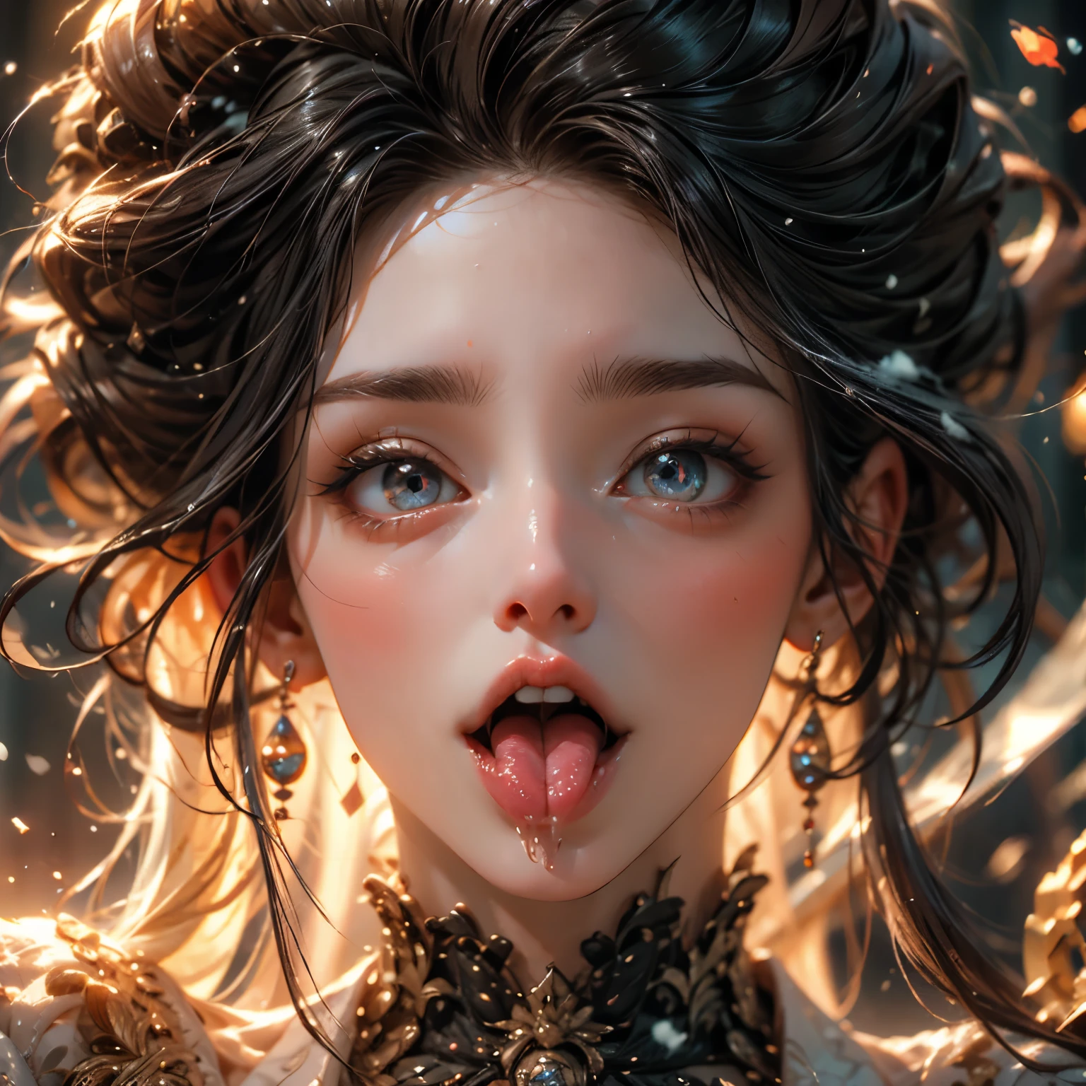 ExtremelyDetailed Kawaii girl Face,(Close-up Sweet lips), glossy lips with beautiful details, Coquettish tongue, Kissing to camera, towards the viewer, 8K TopQuality masterpiece,an extremely delicate and beautiful (ProfessionalPhoto:1.37), {Amazing|finely detail|official art|incredibly absurdres},ultra-detailed close-up shot, close up, (fish eye lens), wide lens, macro lens, Detailed reflective Eyes ElaboratePupils with (sparkling highlights:1.28) (Delicate Voluminous LongEyelashes:0.88), {(Tilted face:1.22)|Visible back of throat|saliva drips|naked shoulder}, (Dripping juice on tongue:1.23) snow particles