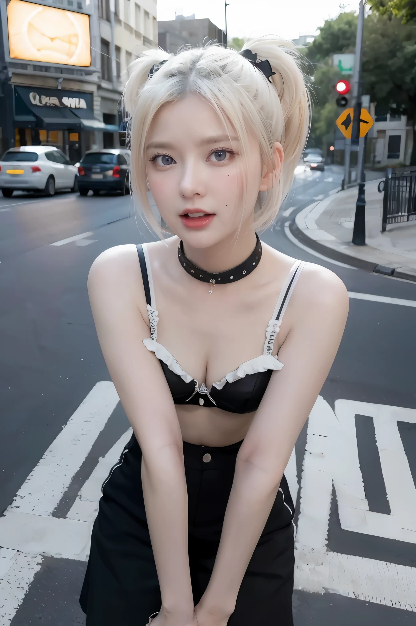 masterpiece, best quality, 1girl,,small breasts,short hair,white hair,sharp teeth,fangs,choker,blue eyes,heart shaped pupils,demon horns,blush,(outdoor,pavement,traffic light,road sign),looking at viewer