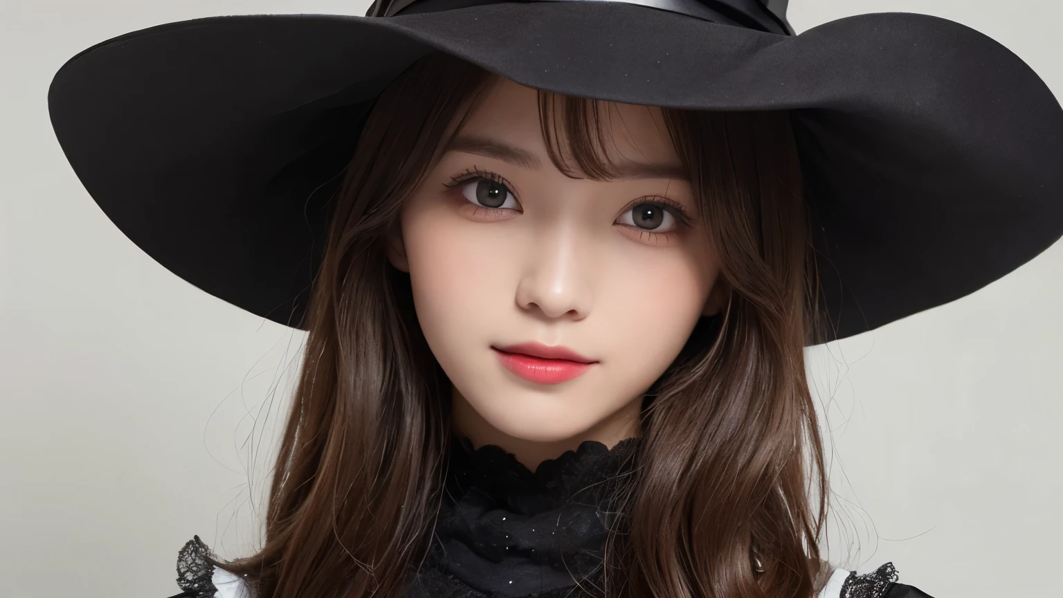 white background, half body portrait, one girl, (a beauty girl, delicate girl:1.3), (20 years old:1.3), break, (witch costume, Witch hat, Witch clothes), break, (gates of hell:1.2), break, very fine eyes, (symmetrical eyes:1.3), break, small breasts, brown eyes, parted bangs, brown hair, (smile), break, (eyes and faces with detailed:1.0), break, (masterpiece, best quality, ultra detailed, detailed face, 8k)