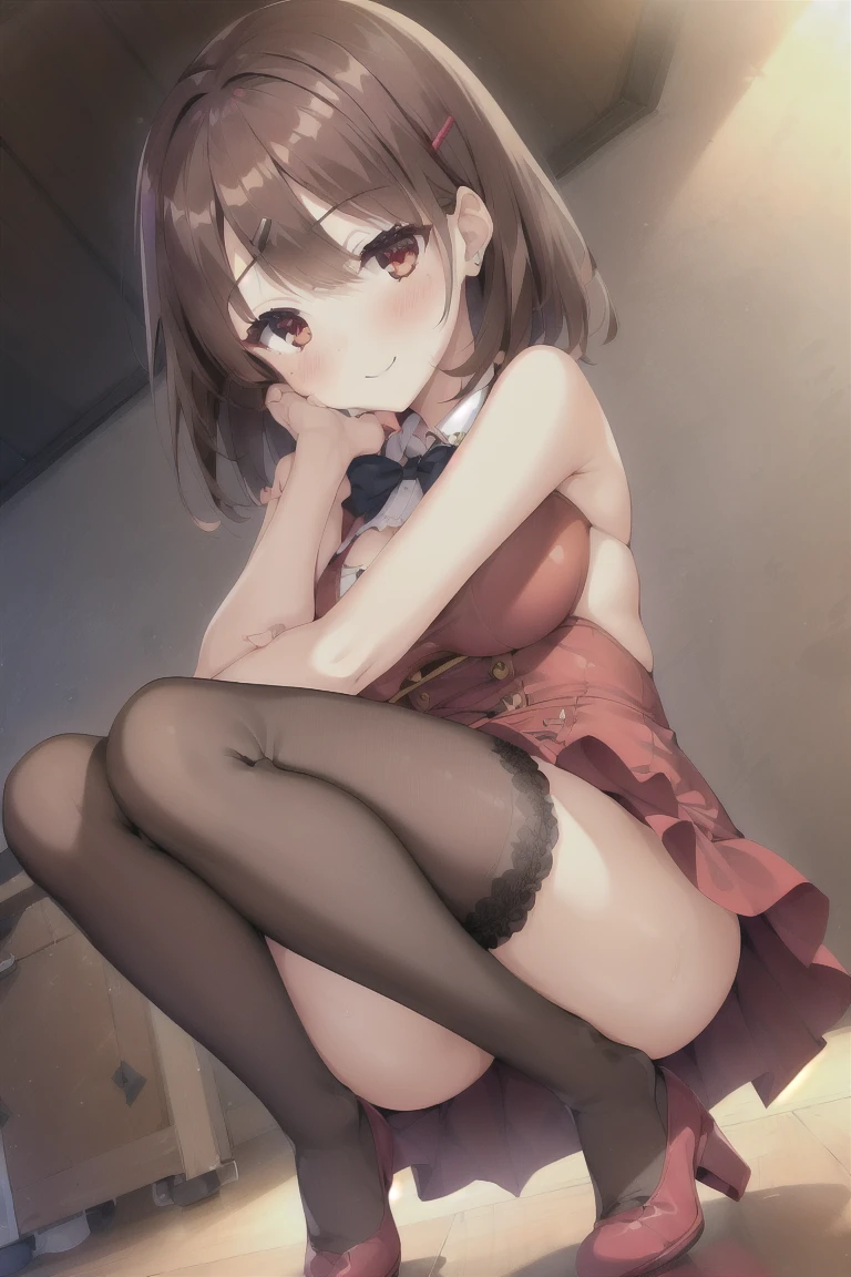 1girl,high_resolution,indoors,hand_up,bangs,(red_dress:1.3),bob_hair,brown_hair,独奏,blush,breasts,eyebrows_ass visible_through_hair,short_hair,smile,red_eyes,looking_at_viewer,thighhighs,medium_hair,thighs,hair_ornament,hairclip,medium_breasts,shoes,zettai_ryouiki,expensive_solve, clear_image, expensive_Contrast, 8k, Sparkling, beautiful_detailed_face_and_eye, (Brown Hair:1.25), 白 eye,