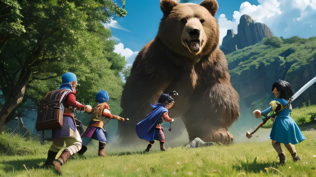 Dragon Quest、Peaceful scenery、、A black-haired hero with a sword and shield、Four heroes fighting a giant bear、A ferocious-looking bear、The hero leaps in with his sword、Ultra high definition、4K