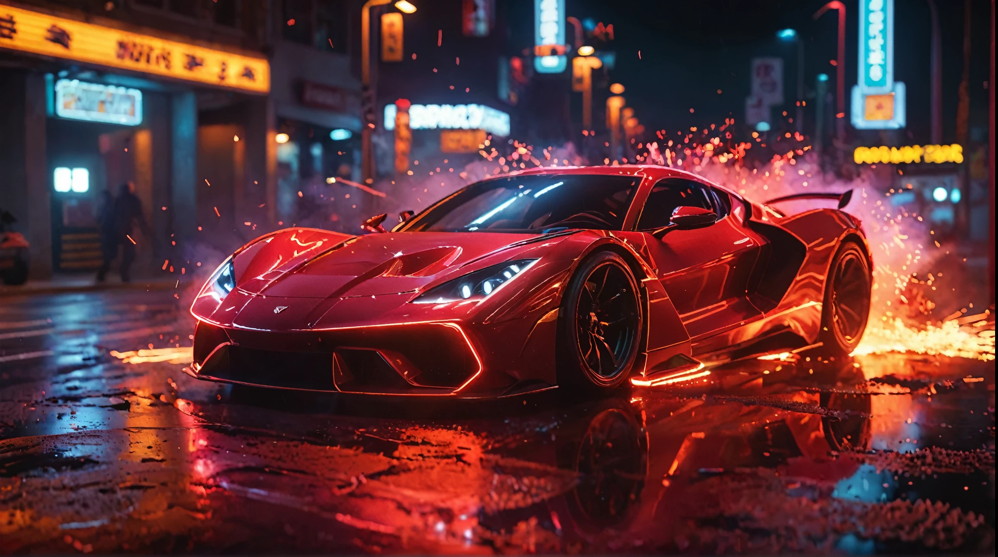 red sports car,glowneon, cinematic film still, sports car emitting sparks,  red, red car, red sports car, car is drifting