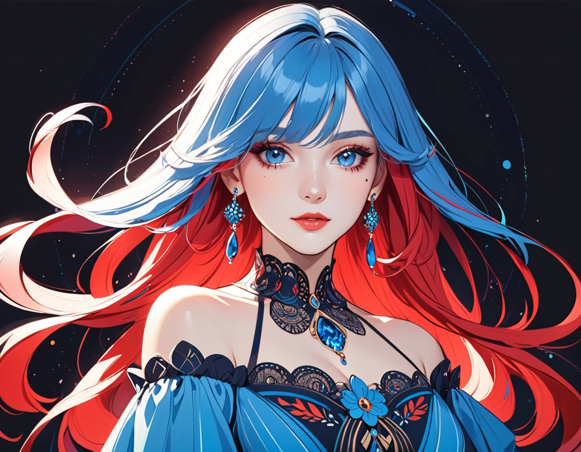 a stylized art of a woman in a pretty dress with blue hair, 1girl, solo, jewelry, earrings, blue eyes, looking at viewer, mole, black background, red hair
