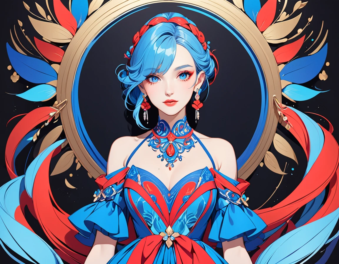 a stylized art of a woman in a pretty dress with blue hair, 1girl, solo, jewelry, earrings, blue eyes, looking at viewer, mole, black background, red hair